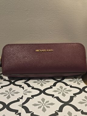 Michael Kors Deep Plum Saffiano Zip Pouch with Gold Logo
